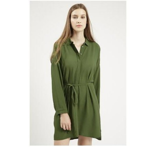Topshop Self-tie Shirt Dress, Khaki, Size US 2 - Picture 1 of 4